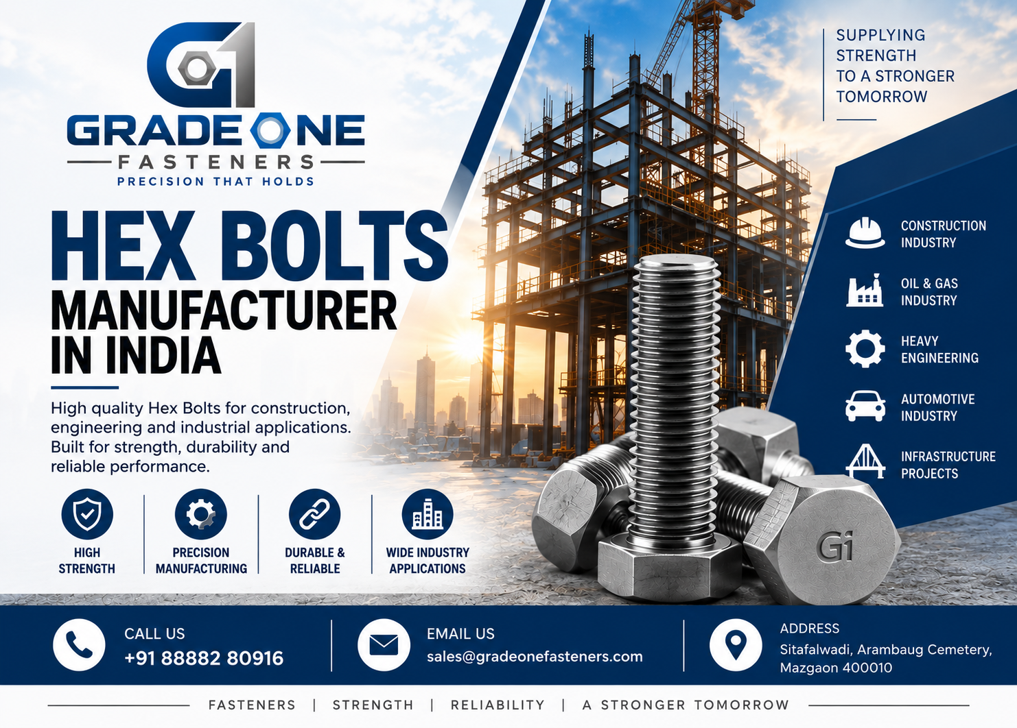 Hex Bolts Manufacturer in India by Grade One Fasteners